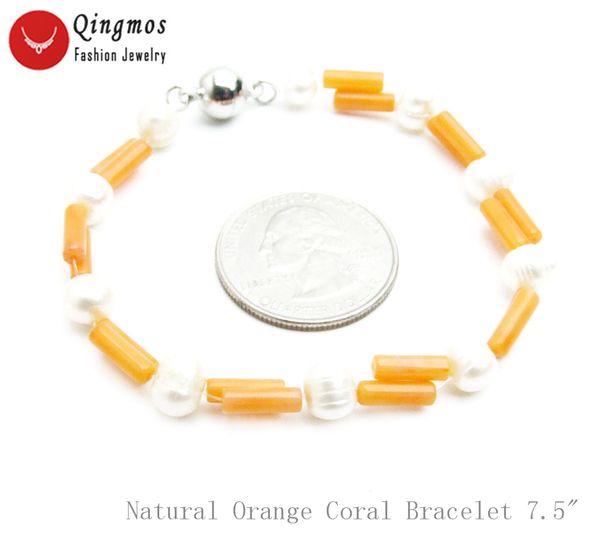 

qingmos fashion 3*9mm thick slice natural orange coral bracelet for women with 4mm white pearl bracelet jewelry 2 strands 7.5, Black