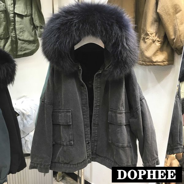 

2020 winter new large natural raccoon fur collar denim parker cotton padded jacket women's thick warm hooded fur jeans jacket, Black