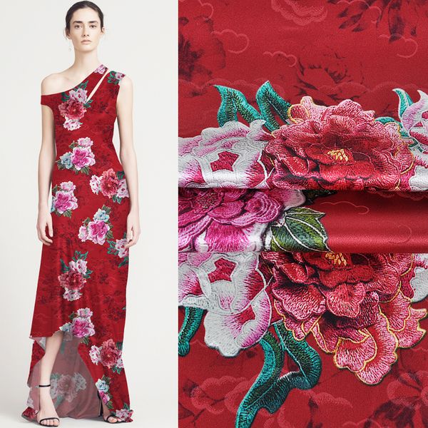 

114cm wide 19mm blue pink floral jacquard stretch red silk satin fabric good for summer dress skirt shirt pants jh141, Black;white