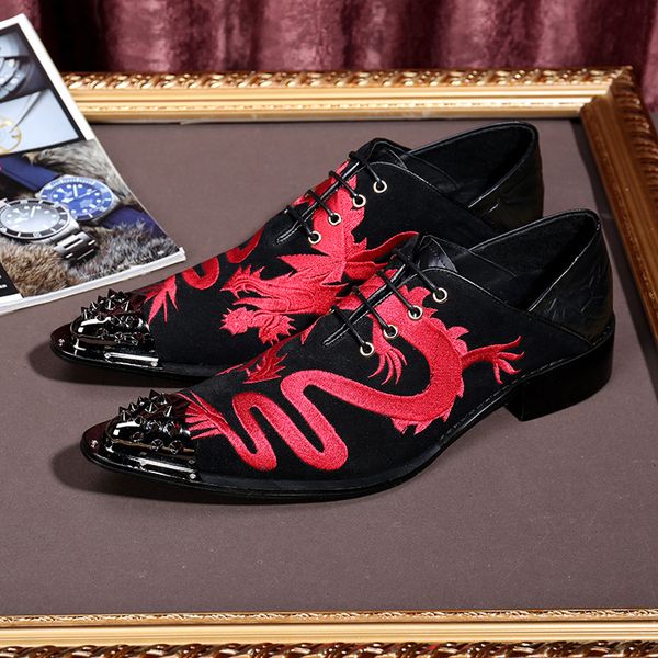 

fashion black/red suede men's shoes with dragon pattern pointed iron toe wedding/business shoes man
