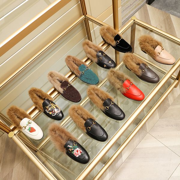 

many styles designer mens 2019 new luxury fashion women winter loafers with fur womens men ladies shoes horsebit big size eur34-45 with box, Black