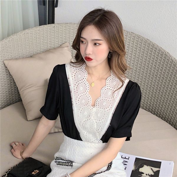 

summer solid fashion v-neck hollow out white black chiffon shirt short sleeve foreign air straight cylinder type women's