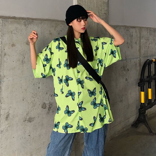 

women's blouses & shirts harajuku oversized women/man couple high street 2021 summer butterfly print short sleeve blusas, White