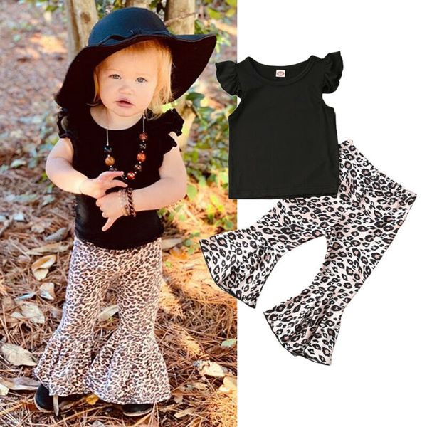 

2pcs set toddler baby girls kids flared clothes +leopard wide leg pants outfits fashion girls clothing, White