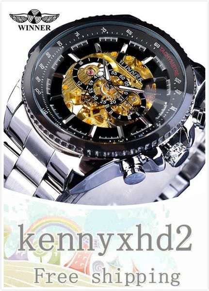 

winner large dial men's fashion fully automatic mechanical watch steel band, Slivery;brown