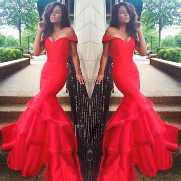 

simple 2019 red three layers mermaid special occasion dress girls off the shoulder with sleeve satin backless prom evening gowns formal, Black