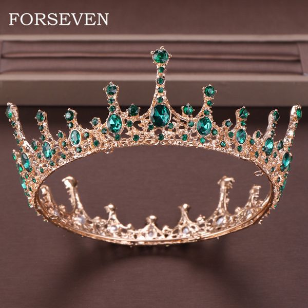

green crystal tiara crown for bride headpiece hair accessories round queen diadem crystal wedding crown bride's tiaras, Golden;white