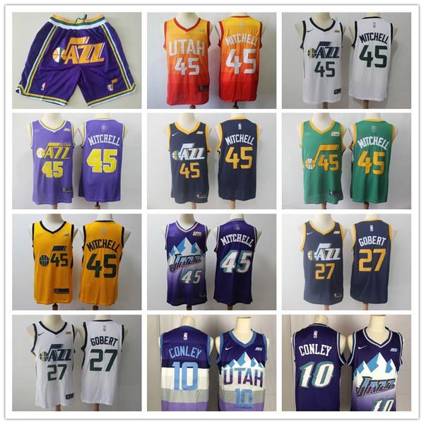 

mens utah jazz throwback jersey donovan 45 mitchell rudy 27 gobert mike 10 conley basketball shorts basketball jersey purple yellow, Black;red