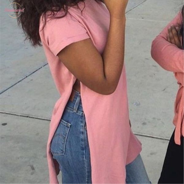 

new style fashion women summer loose short sleeve casual split on both sides t-shirt four colors solid, White