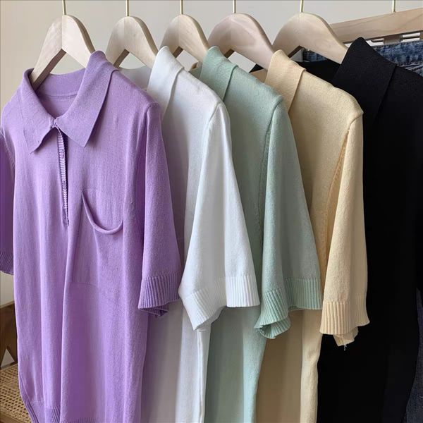 

polo women's 2020 purple casual all-match sweet t- shirt solid color t-shirt v-neck short sleeve, White