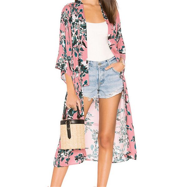 

vintage women floral printed summer jacket lace kimono cardigan chiffon loose shawl beach casual long sleeve bikini cover up, Black;brown