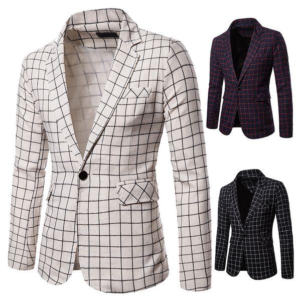 

men casual turn down collar suit blazer jackets single breasted plaid slim jacket and coat ing, White;black