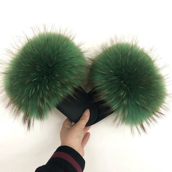 

fluffy fur lady real fox fur slipper women slides sliders fashion spring summer autumn slippers, Black