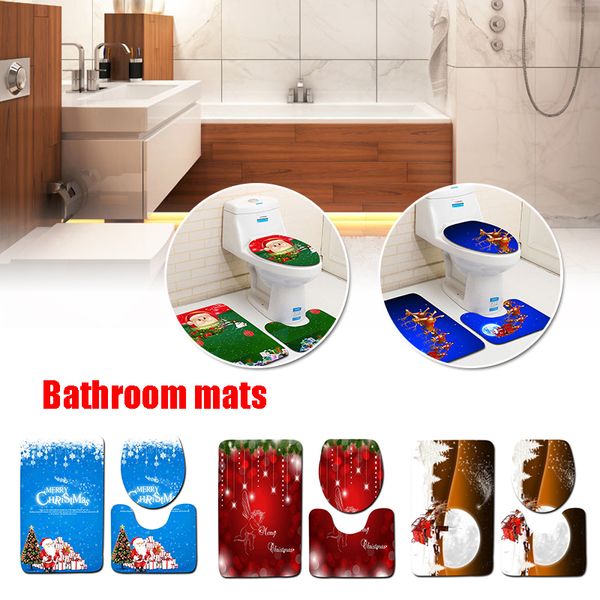 

floor mat toilet seat cover christmas bathroom 3pcs polyester fiber non-slip bath mat carpet decoration xmas rug
