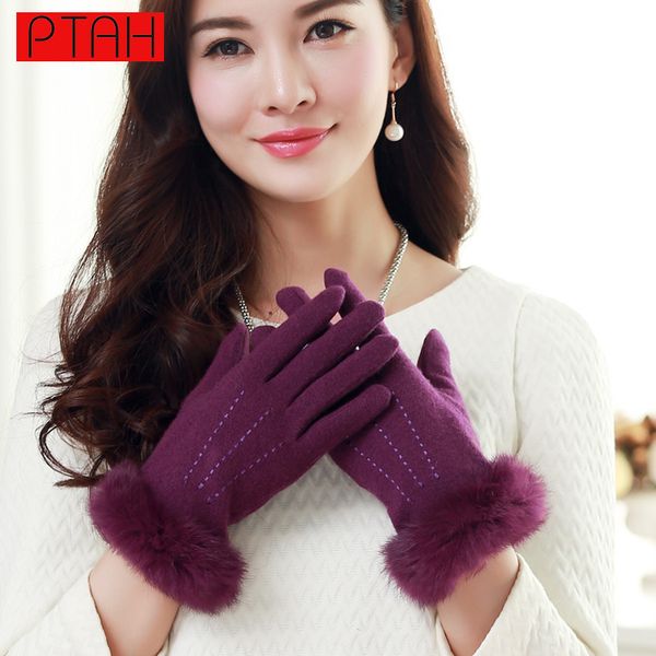 

ptah women winter wrist fur solid wool gloves ladies fashion thin inside velvet warm mittens guantes pt9826, Blue;gray