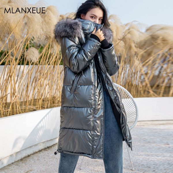 

long thick fur down coat women winter casual reflective hooded down jackets glossy plus size female coat fashion warm white duck, Black