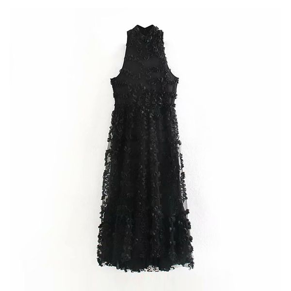 

elegant women sleeveless floral party dress lace mesh stand neck vintage long dress female black color fashion lady maxi dresses, Black;gray