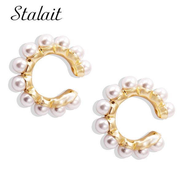 

round ball pearl gold cuff earring c-shape no pierced stackable cartilage metal bone clip jewelry women punk accessories, Silver
