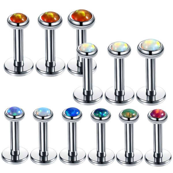 

3pcs/lot steel internally thread opal stone ear helix tragus barbell piercing opal labret stud lip rings girls jewelry 16g, Slivery;golden