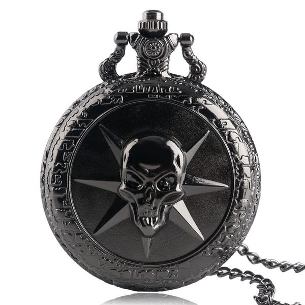 Antique Cross Fire Theme Black 3D Skull Design Quartz Pocket Watch Men Women Boy Watches Colar Pendente Chain Cool Gift