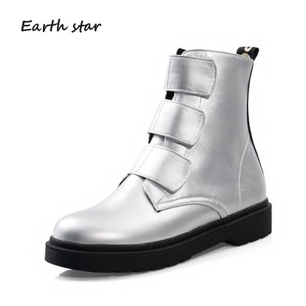 

botas mujer hook&loop casual black shoes women martin boots fashion brand pu leather ladies footware silver ankle boots women