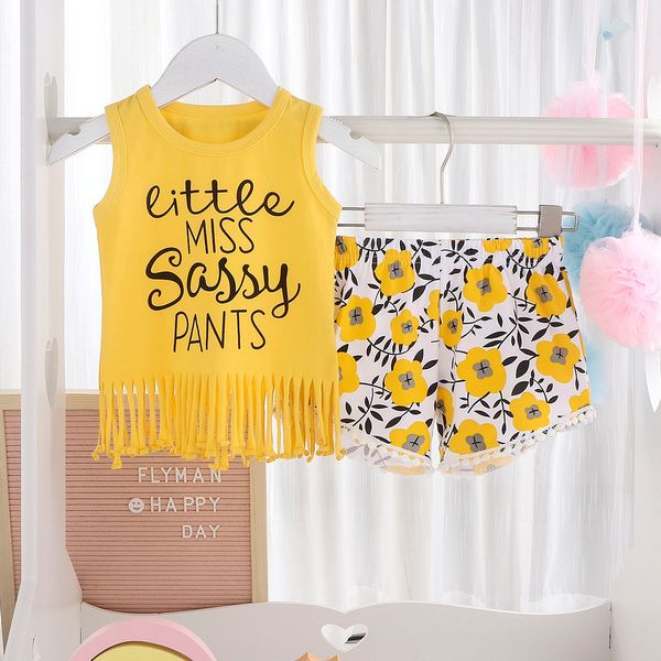 

summer girls clothes set letters cotton sleeveless t shirt vest floral printed short pants 2pcs children girls clothing set yellow, White