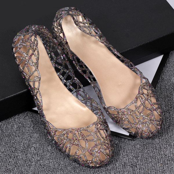 

летние женские сандалии желе выдалбливают повседневная обувь женская сетка квартиры кристалл bling мода дышащая удобная женская обувь, Black