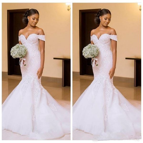 

off shoulder mermaid wedding dresses with lace appliques 2019 sweep train bridal gown africa bride dress, White