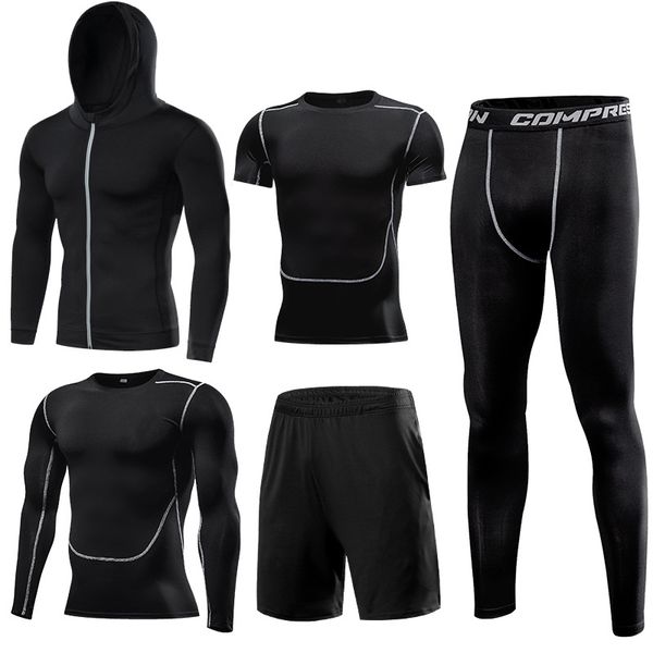 

mens sportswear 5 pcs/set male tracksuit compression sports wear for men gym fitness clothes running jogging workout sport suits, Black;blue
