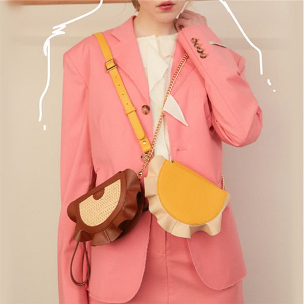 

designer pleated semi-circular straw bags for women stitching pu leather handbags chain crossbody bags for women purse clutch