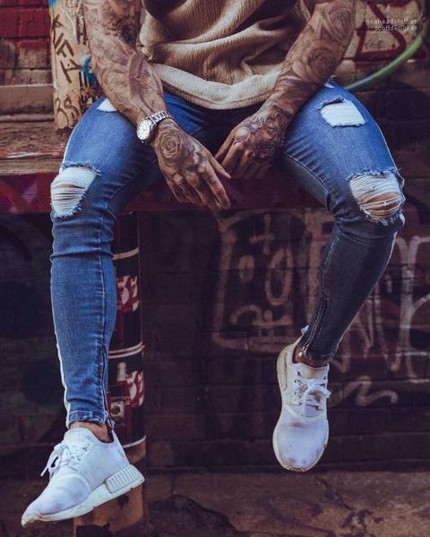 

holes ripped jeans biker slim fit zipper jean distressed pants pants for men hip hop rock, Blue