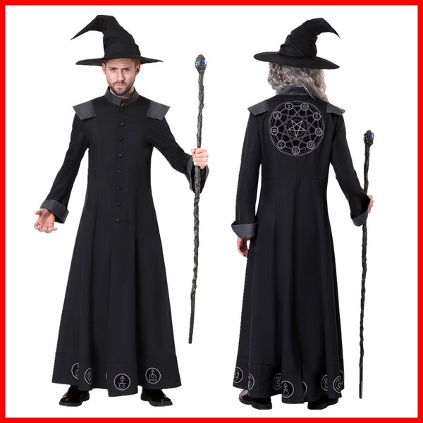 

new cosplay clothing mens designer suits for halloween suit luxury wizard suits for men handsome classic wizard costumes hat+robe wholesales, Black;red