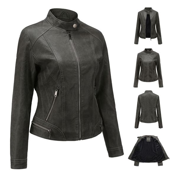 Lederjacke Vintage für Damen Punk Motorradmantel Faux PU Jacke Plus Size Oberbekleidung Reißverschluss Slim Lady Mäntel