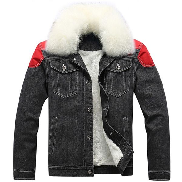 

mens denim jackets retro faux fur collar detachable fleece lined coat truck cowboy mens clothes slim fit bomber jacket patchwork plus size, Black;brown