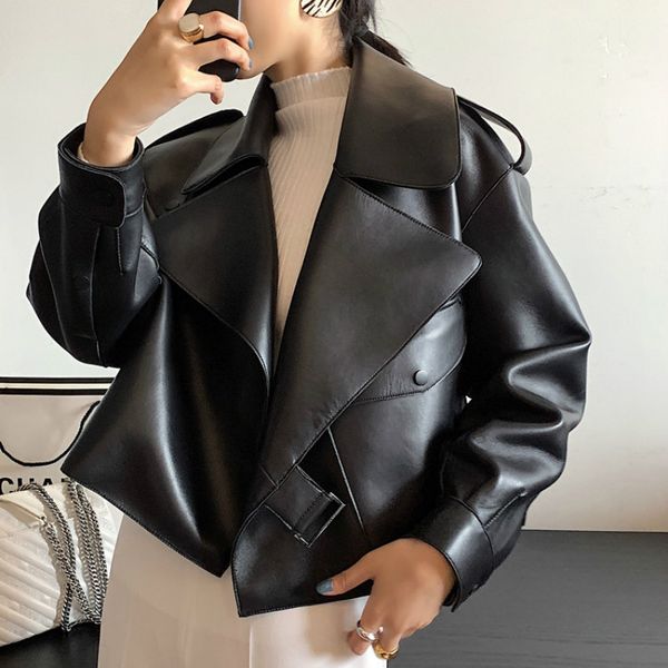 

leather jacket women cute spring autumn sheepskin genuine leather coat korean motocycle jackets streetwear chaqueta mujer yy538, Black