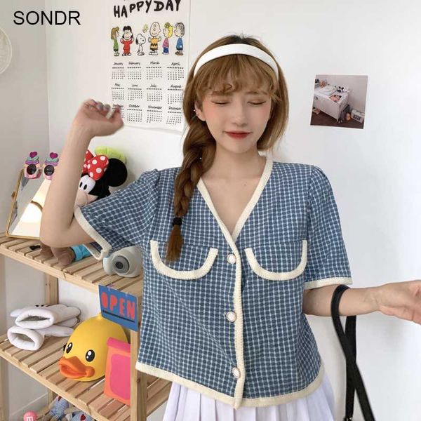 

women's blouses & shirts spring summer fashion vintage plaid printing knitted cardigan shirt one piece korean chic short sleeve sweet b, White