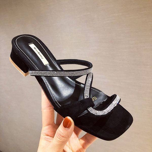 

female shoes glitter slides rivet square toe med ladies' slippers loafers 2020 soft jelly block pu metal decoration rubber, Black