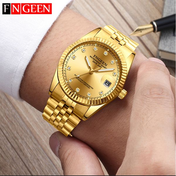 

fngeen luxury couple watch golden fashion stainless steel lovers watch quartz wrist watches for women & men analog wristwatch, Slivery;brown