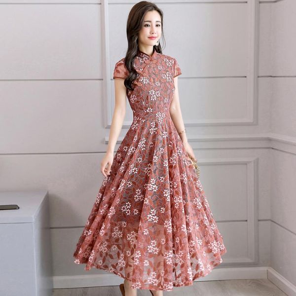 

2020 spring summer solid lace chinese style midi dresses plus size vintage runway maxi dress elegant women bodycon party vestido, Black;gray