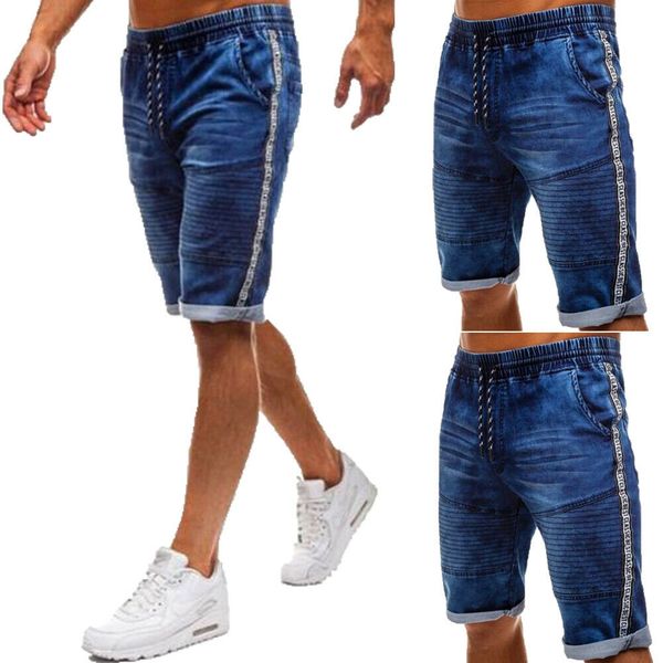 

fashion mens short jeans cargo denim shorts relaxed fit work elastic waist knee length baggy blue jeans