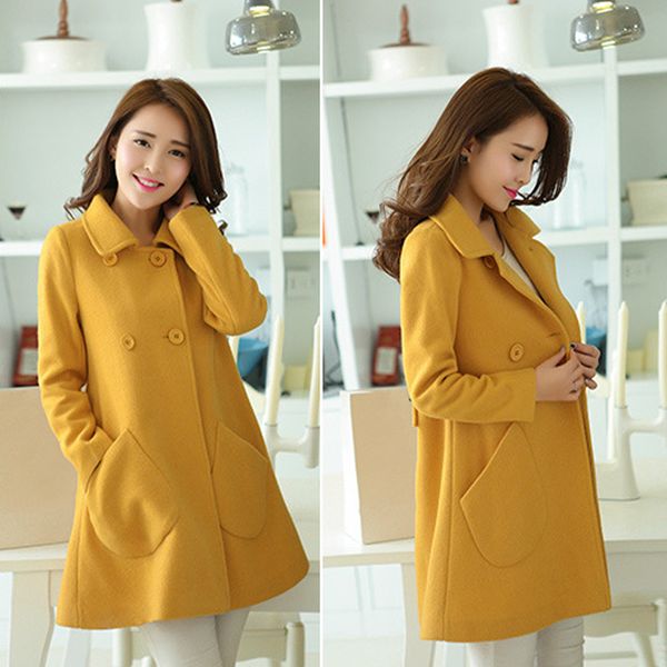 

new women autumn coat double breasted wool peacoat turn-down collar female jacket mv66, Black