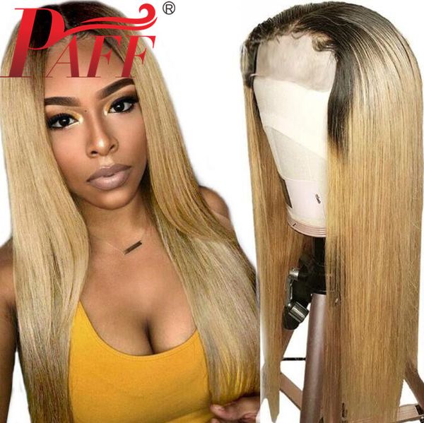 Paff Ombre Straight Lace Front Human Hair Wig Highlights Honey