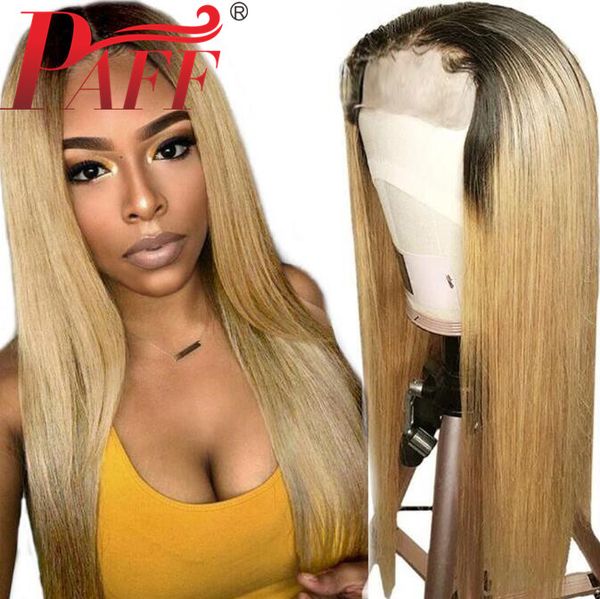 Paff Ombre Straight Lace Front Human Hair Wig Highlights Honey