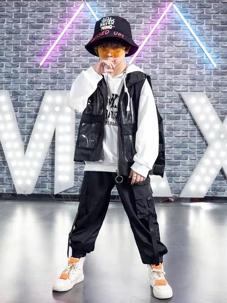 

girls hip hop costume boys street dance performance clothing children jazz dance practice autumn tide black clothes, White
