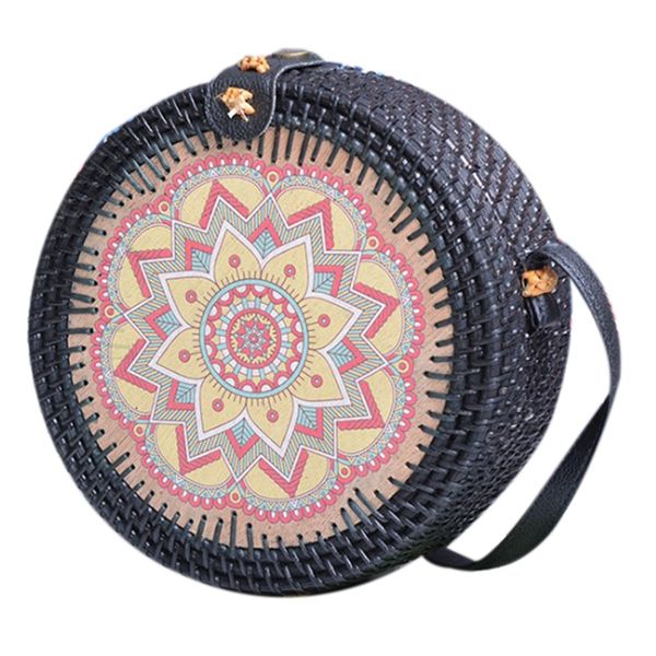

auau-rattan wallet, leather strap-black vintage natural straw handbag, women's shoulder bag gift