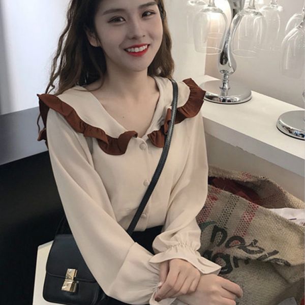 

autumn clothing the new lotus leaf collar temperament korean version leisure wild color matching kawaii women long-sleeved shirt, White