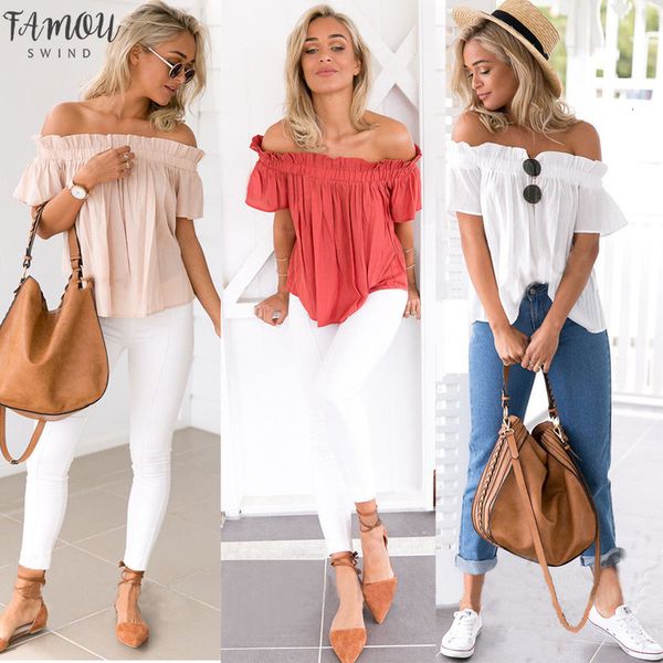 

off shoulder ruffle tshirt short sleeve 2020 summer new solid backless chiffon shirts fashion women plus size, White
