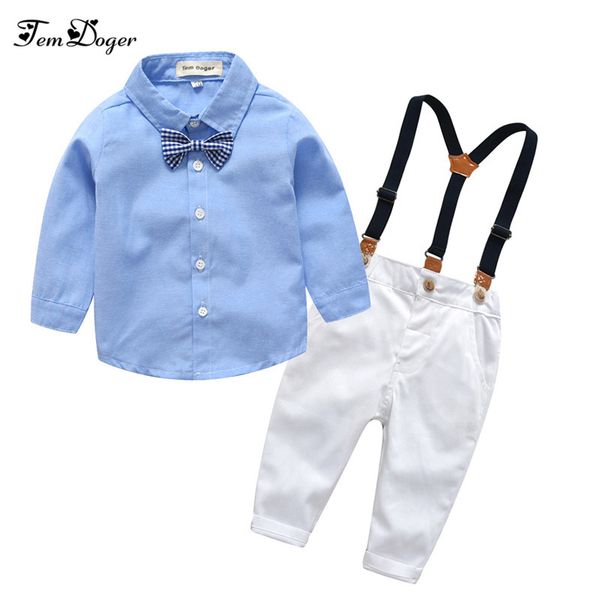 

boys clothing sets autumn kids boy clothes suit long sleeve blue shirts+overalls 2pcs children gentleman bebes boy outfits set t200103, White
