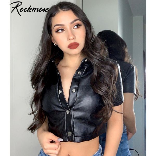 

rockmore pu button blouse shirts women black faux leather turn down collar short sleeve crop ladies blouses streetwear, White