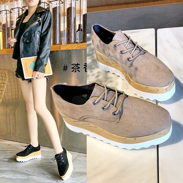 

2020 new spring women shoes lace up thick high heels increased flat platform oxford shoes woman loafers solid flock casual, Black